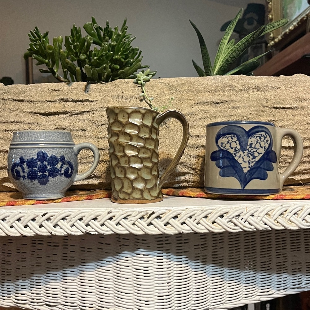 3 handmade mugs 2 are cobalt Blue gray pottery and the other is unusual. Ex guc